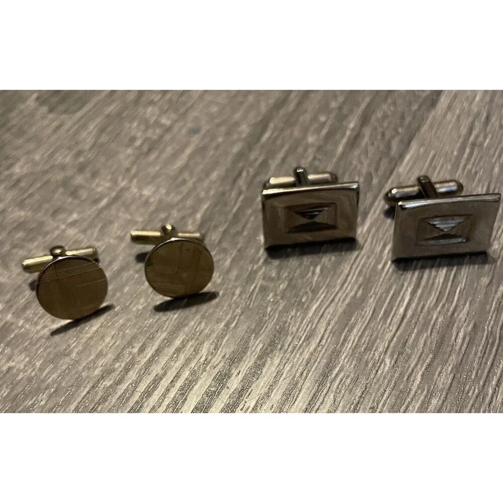 Two Sets of Vintage Retro Cufflinks Silver Tone Rectangular and Oval